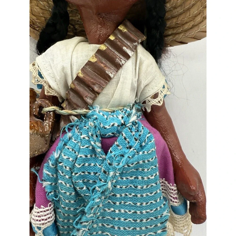 Vintage Jamaican Village Lady Blue Dress Doll w/ Papoose Floppy Hat & Water Jug